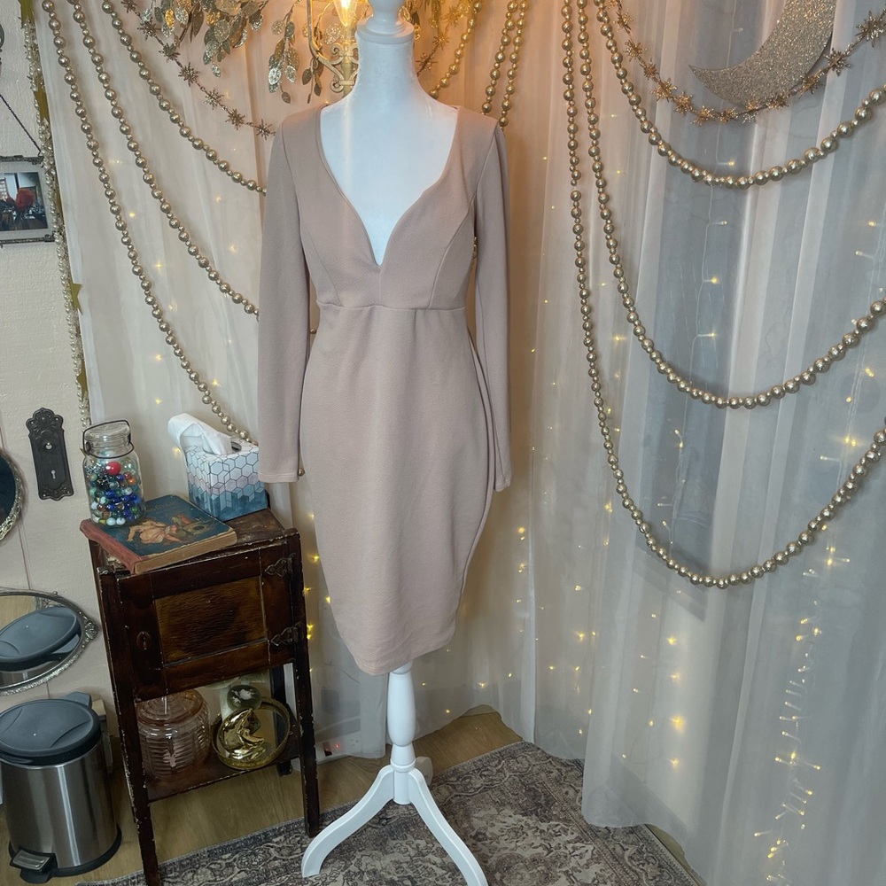 Charlotte Russe Tan Pleated Long Sleeve Sheath Dress